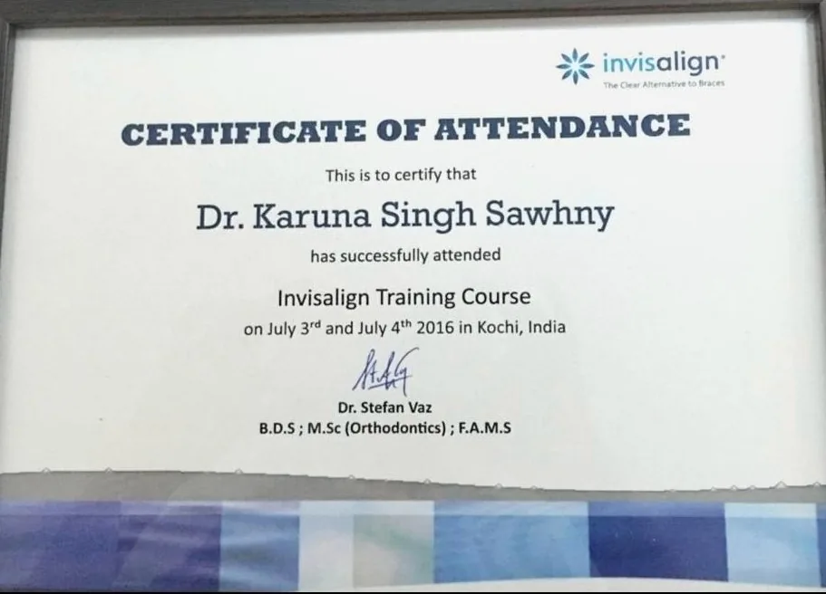 Invisalign Certificate of Attendance — Dr. Karuna Singh Sawhny, Invisalign Training Course, Kochi, India
