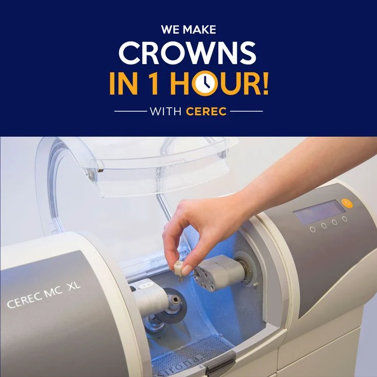 CEREC milling machine fabricating a dental crown, with text reading 'We make crowns in 1 hour with CEREC'